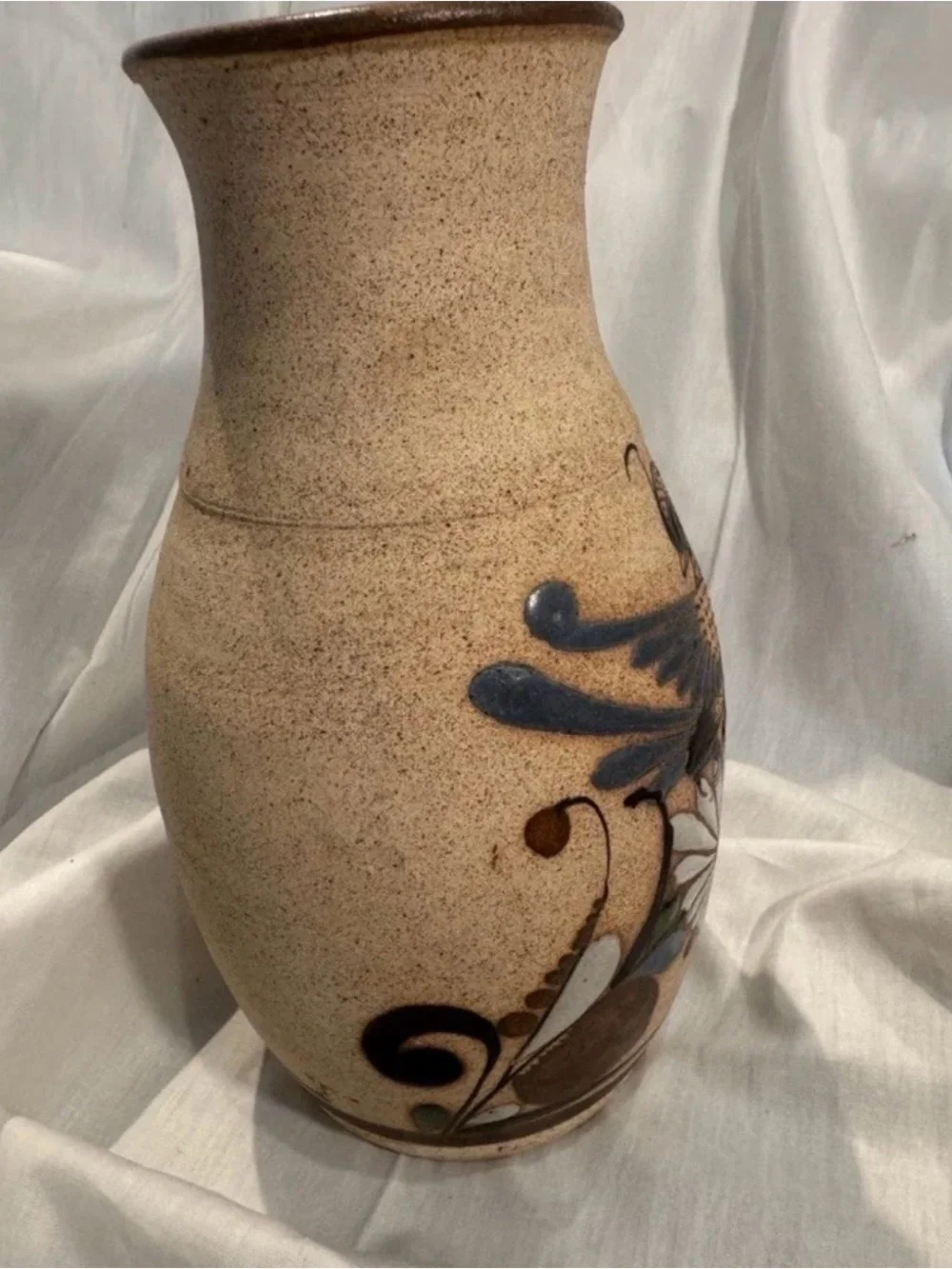 Tonala Handmade Pottery Mexican Blue Bird/Floral Flower Vase Signed.  Almost 9”
